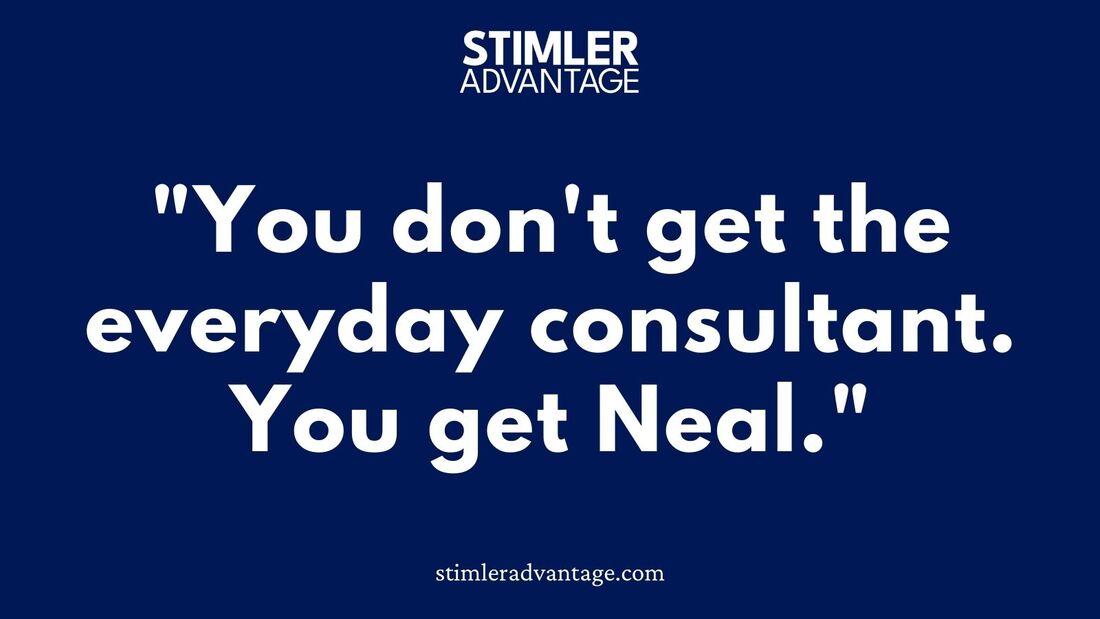 Blue and white text graphic with the logo, quote, and website address of Stimler Advantage.